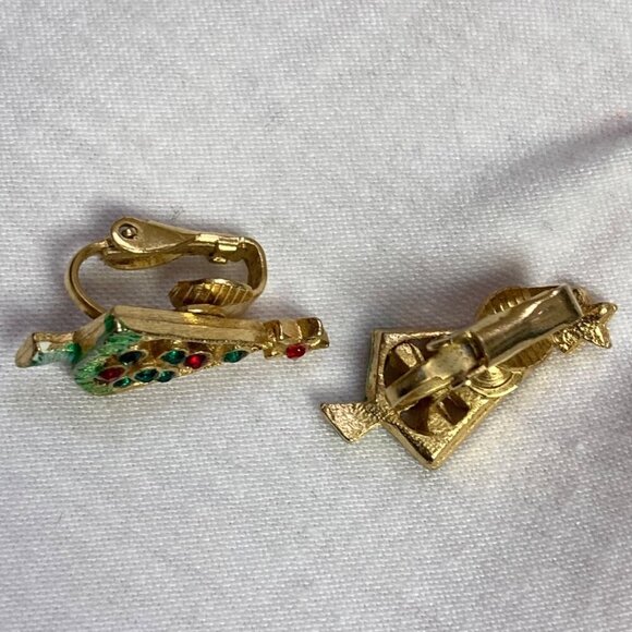 Vintage Christmas Clip On Earrings 2 Pr XMas Tree Candle Gold Tone Rhinestones - Picture 6 of 8